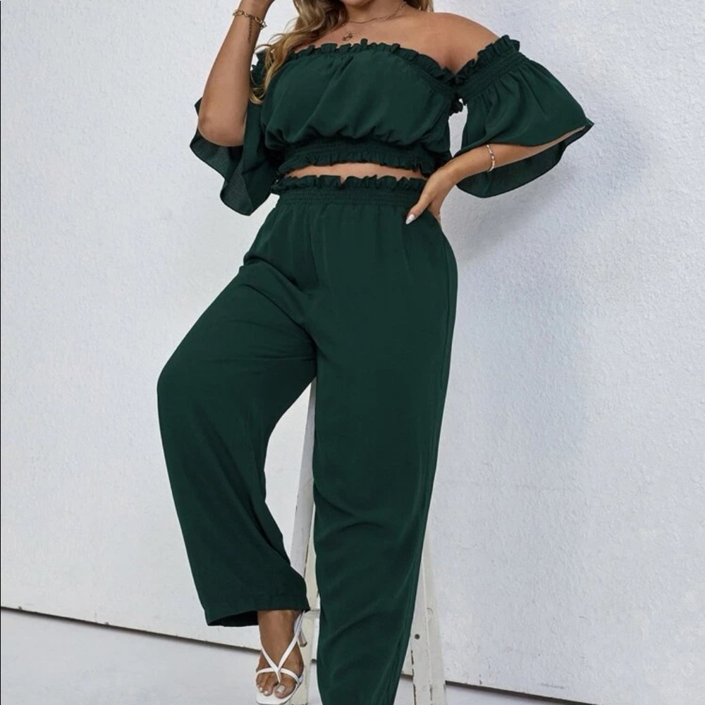 Two piece green coord high waist wide leg pants and crop top